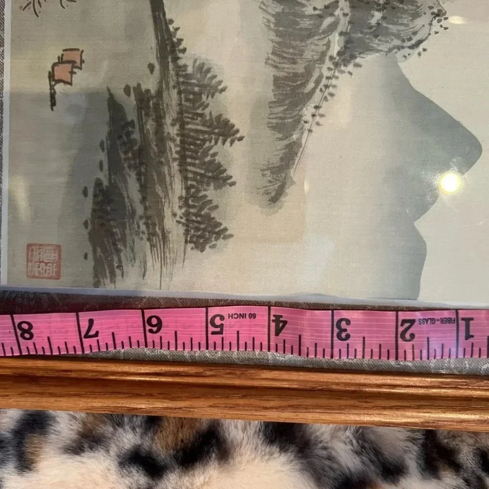 Japanese chinese Prints on Silk Signed Framed wooden Black & White Nature Art🖼️